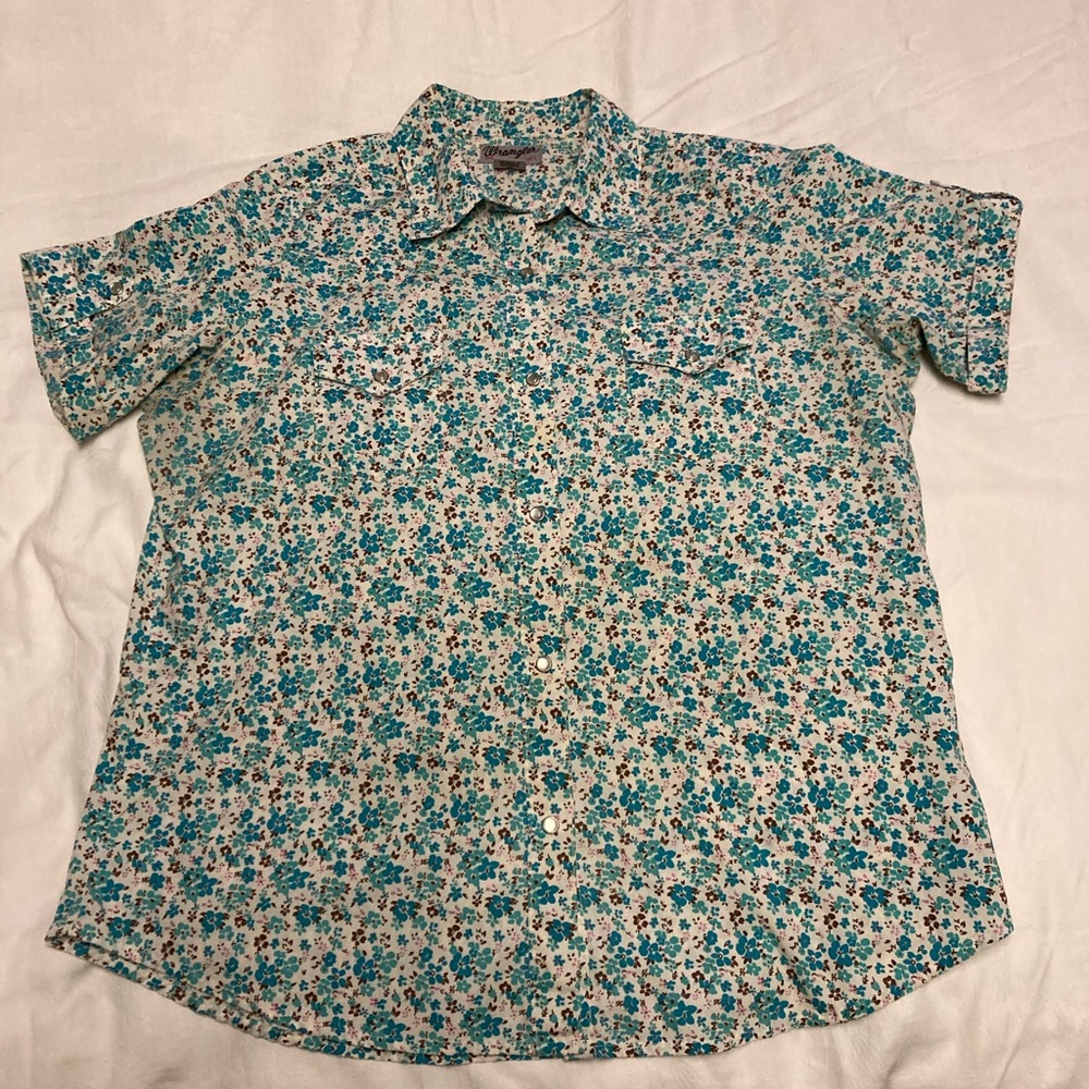 Wranglers Snap Button Ladies Shirt Size L Short Cuffed Sleeves Teal Floral Color